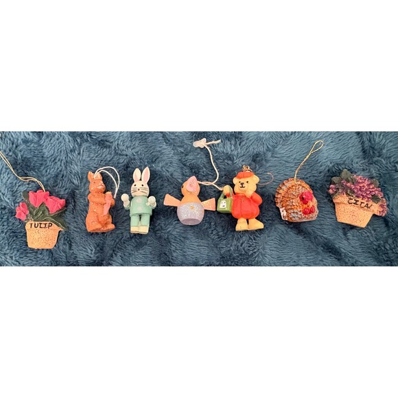 Other - Vintage Miniature Resin Seasonal Ornament Lot 7pc Bear Turkey Bunny Flower Pot